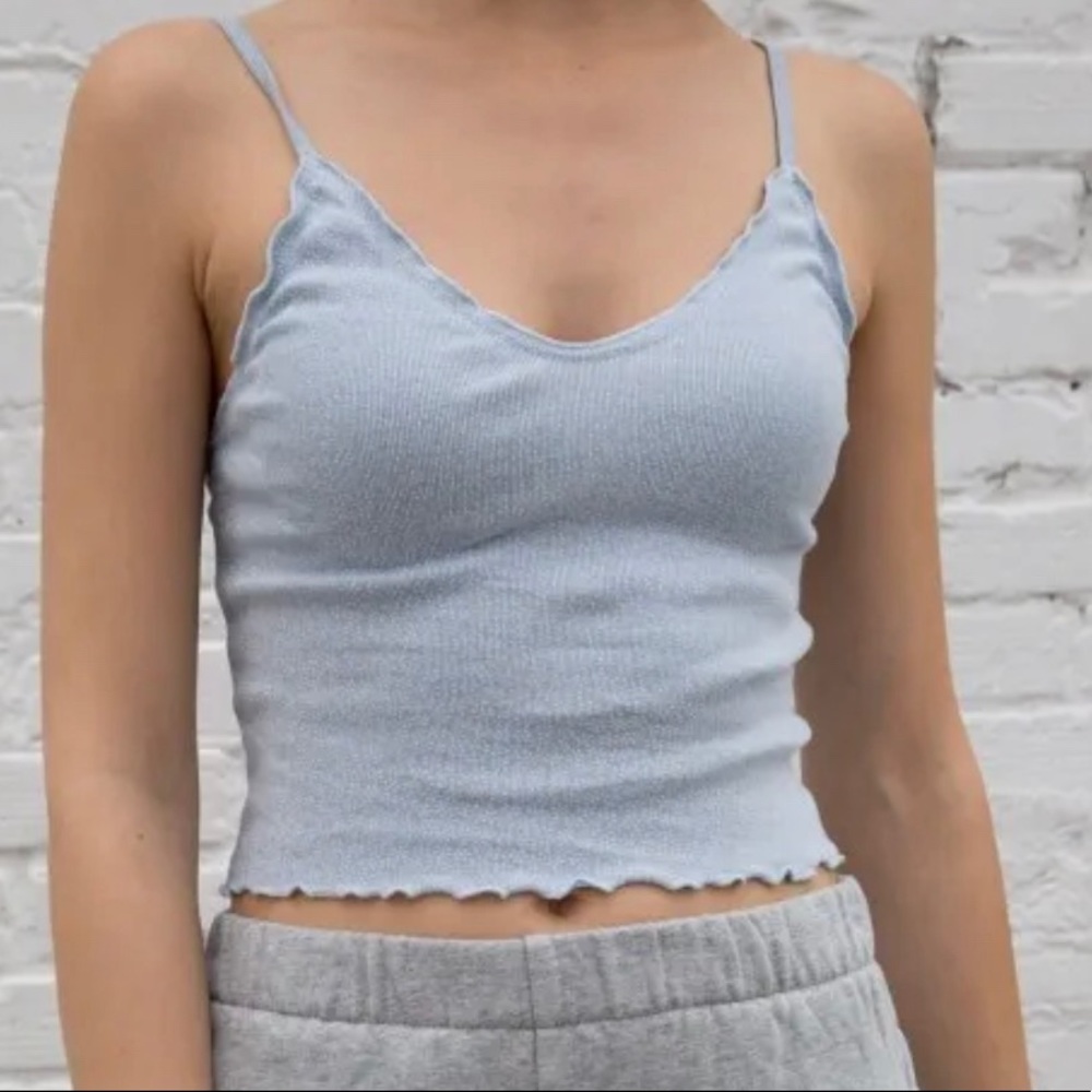 brandy melville crop light blue/white floral v neck Nicolette Ruffle tank top